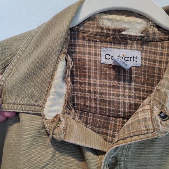 Carhartt Sz L S96BRN Flannel Lined Shirt Jacket Shacket Snap Front Distressed - Picture 5 of 9